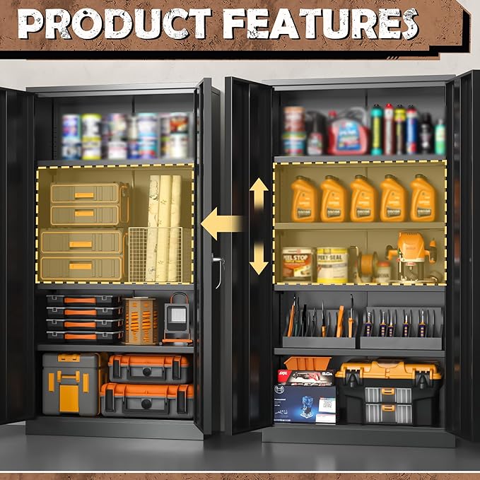 INTERGREAT Metal Storage Cabinet, 72” Storage Cabinet with 2 Doors and 4 Adjustable Shelves for Office, Home, Garage, Pantry (Assembly Required, 18”D, Black)