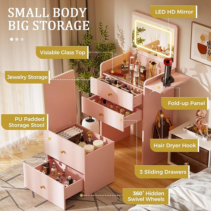 COMHOMA Makeup Vanity Desk with Mirror and Lights, Small 3 in 1 Vanity Table with Visible Glass Top, Flip Top & 3 Drawers, Compact Dresser with Storage Stool for Bedroom, Office or Nightstand