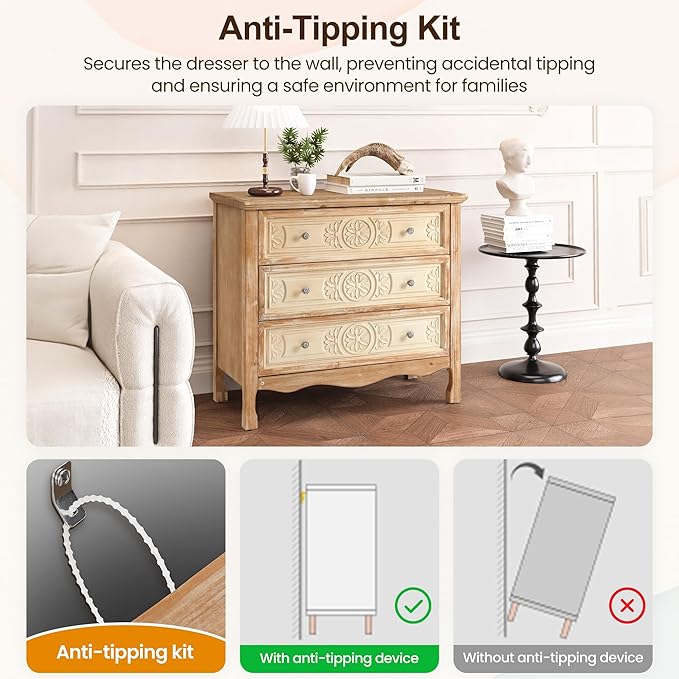FansaFurn 3 Drawer Dresser with Pattern Carved Drawers, Vintage 3 Chest of Drawers for Bedroom, Wooden 3 Drawer Chest, Wide Nightstand, Large Side Table for Living Room, Natural