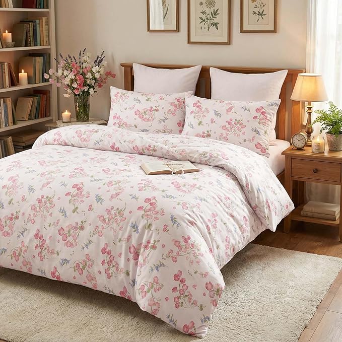 Nayoroom Pink Floral Duvet Cover Queen Size Spring Botanical Blooms Flower Cottagecore Duvet Cover 3 Pieces Soft Lightweight Microfiber Aesthetic Bedding Set Gift for Women Men