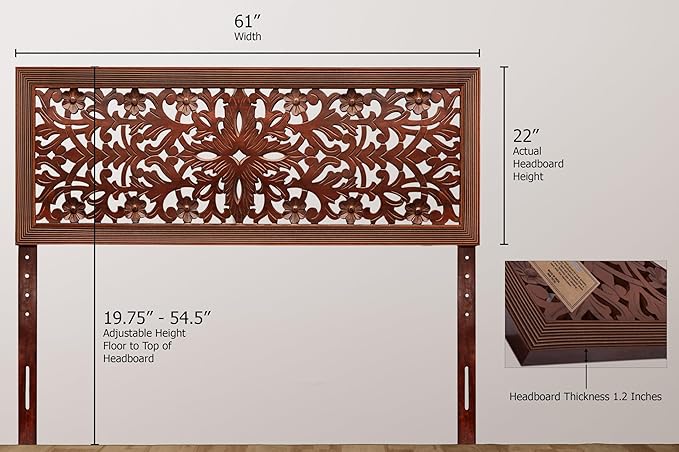COTTON CRAFT Solid Wood Sturdy Queen Headboard - Compatible with All Bed Frame - Intricate Hand Carved Rajasthan Motif - Bohemian Transitional - Beautiful for Any Bedroom - Rustic Antique Brown