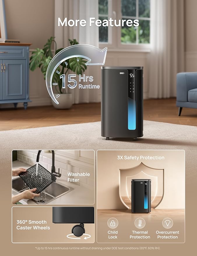 DREO 73 Pint Smart Dehumidifier for Basement, Home & Large Room up to 2000 Sq Ft, Energy Star 6.0 Dehumidifier with Drain Hose, Quiet 42dB, Auto Humidity Control, 3 Fan Speeds, Timer, Continuous Drain