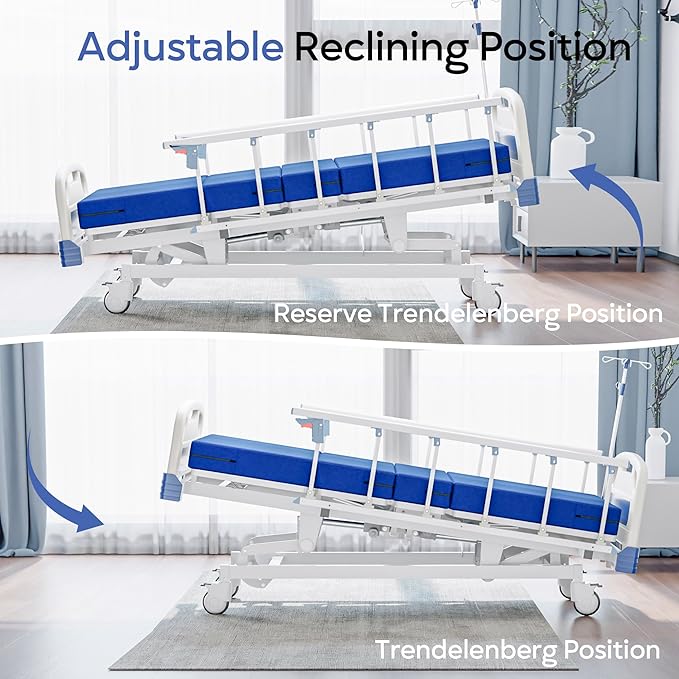 Premium Full Electric Hospital Bed for Home Use, 5 Function Medical Bed with 4.7” Foam Mattress, Height Adjustable, Individual Locking, Includes Tray and Sheets (2X)
