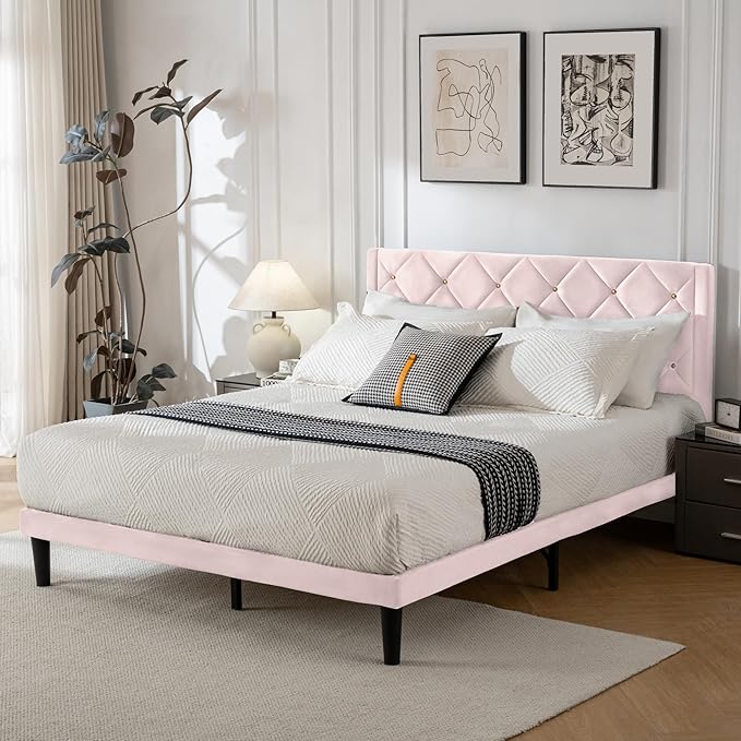 Full Bed Frame with Headboard, Bed Frame Full Size with Sturdy Wooden Slats Support, Platform Frame with Velvet Upholstered Headboard, Mattress Foundation, Easy Assembly, No Box Spring Needed Pink