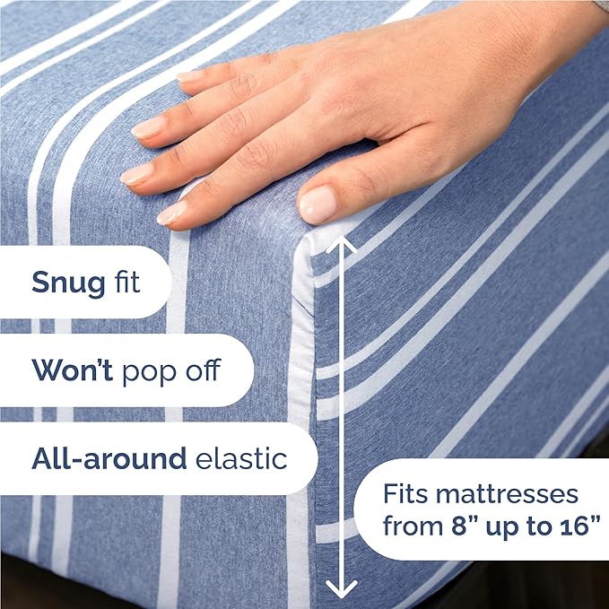 Full Size 4 Piece Sheet Set - Comfy Breathable & Cooling Sheets - Hotel Luxury Bed Sheets for Women & Men - Deep Pockets, Easy-Fit, Soft and Wrinkle Free Sheets - Blue Stripes Oeko-Tex Bed Sheet Set