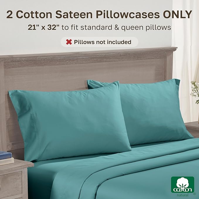 California Design Den Queen/Standard Pillow Cases Set of 2 - Premium 600 Thread Count, Soft 100% Cotton Queen Size Pillow Case, Crisp Sateen, Fits Standard & Queen Pillows - Teal