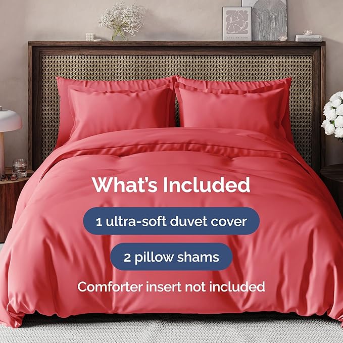 Duvet Cover King Size Set - Extra Soft King Duvet Cover 104" x 90" with 2 Pillow Shams - Hotel Luxury, Easy Care and Fade Free w/ Zipper Closures & Ties - All Season, Comfy, Cozy & Breathable (Red)