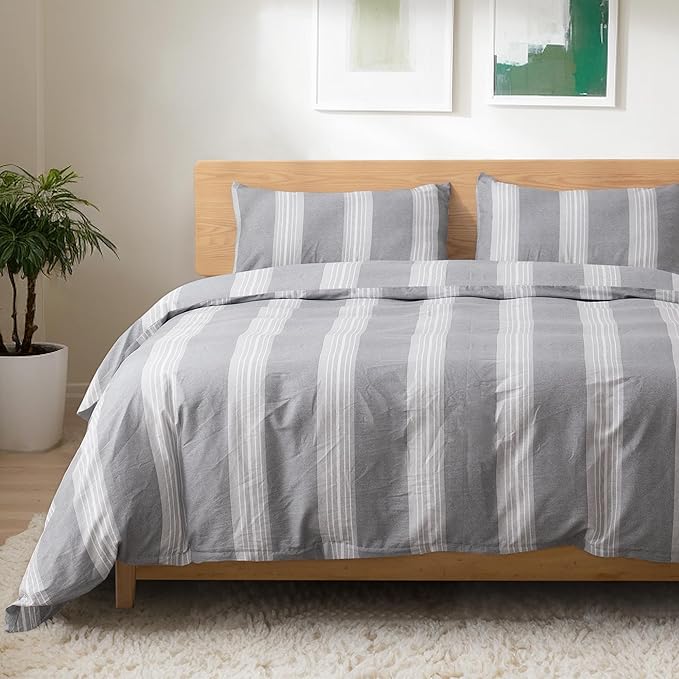 TOCOMOA Striped Duvet Cover Set 100% Natural Cotton Soft Comfy Breathable 3 Piece Light Grey and White Pattern Printed Comforter Cover Bedding Set (Queen 90"x90", Comforter Not Included)