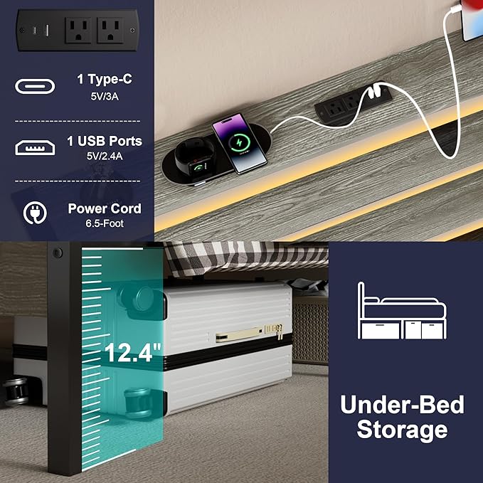 J.Fkne Twin Bed Frame with LED Lights & Charging Station, Metal Platform Bed with Headboard, Heavy Duty Metal Slats, No Box Spring Needed, Noise Free, Easy Assembly