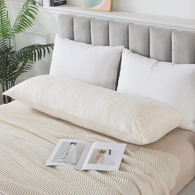 Whatsbedding Sherpa Body Pillow Cover, Ultra Soft Faux Fur Body Pillowcase, Luxury Shaggy Plush Long Pillowcase, Envelope Closure - Beige (20x54 inch)