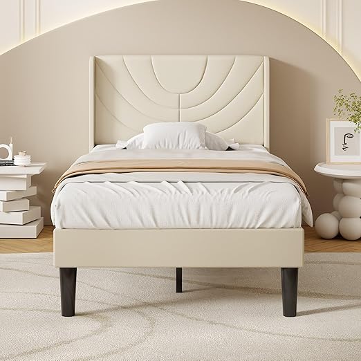 VECELO Twin Size Bed Frame Upholstered Platform with Wave Fabric Headboard/Wooden Slats Support/No Box Spring Needed/Mattress Foundation,Beige