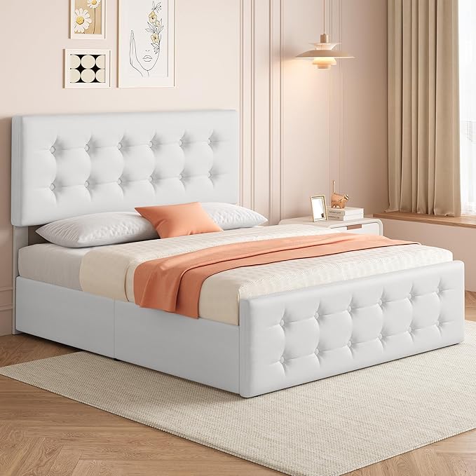 IDEALHOUSE Queen Size Bed Frame with 4 Storage Drawers and Headboard, Faux Leather Upholstered Platform Bed Frame with Wooden Slats Support, Button Tufted Design, No Box Spring Needed, White