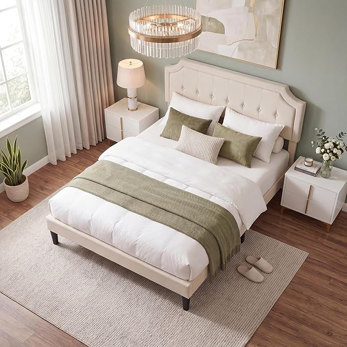 VECELO Full Size Platform Bed Frame with Fabric Upholstered Headboard and Wooden Slats Support, No Box Spring Needed/Easy Assembly,Light Beige