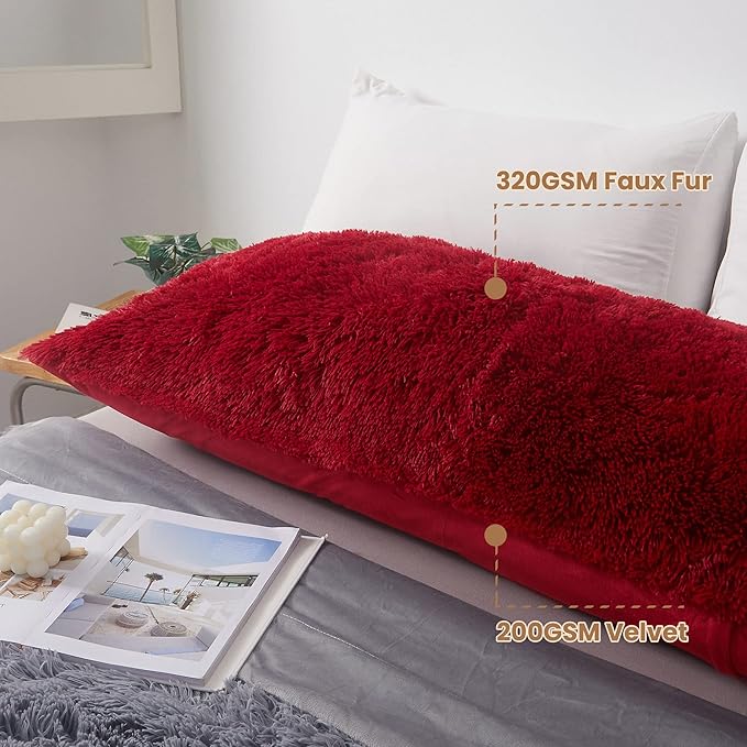 MEGO Luxury Fluffy Body Pillow Cover, 20x54 Shaggy Faux Fur Body Pillow Case, Red Soft Plush Fuzzy Body Pillowcase, Decorative Furry Long Bed Pillow with Zipper Closure Hug Pillow for Bedroom Red