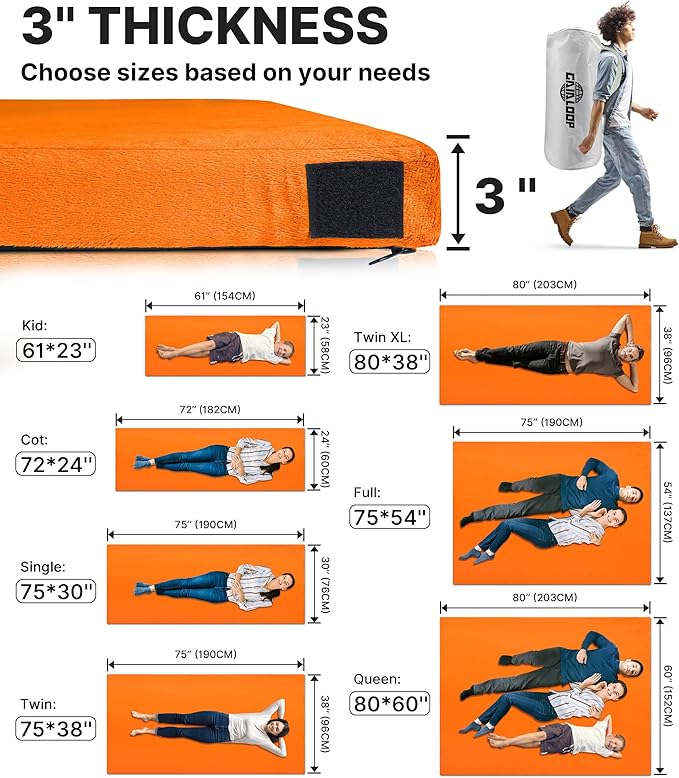 GAIALOOP 3 Inch Memory Foam Camping Mattress, Dual Layer Thick Sleeping Camp Pad for Car Tent Cot, Roll-Up Portable Glamping Floor Bed for Guests Sleepover