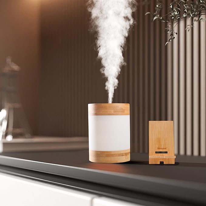Bamboo Cool Mist Humidifier with Phone Stand, 400ml Ultrasonic Mini Humidifier, Quiet Desktop with Dual LED Night Light, USB-C Portable, Auto Shut-Off for Bedroom, Office, Travel
