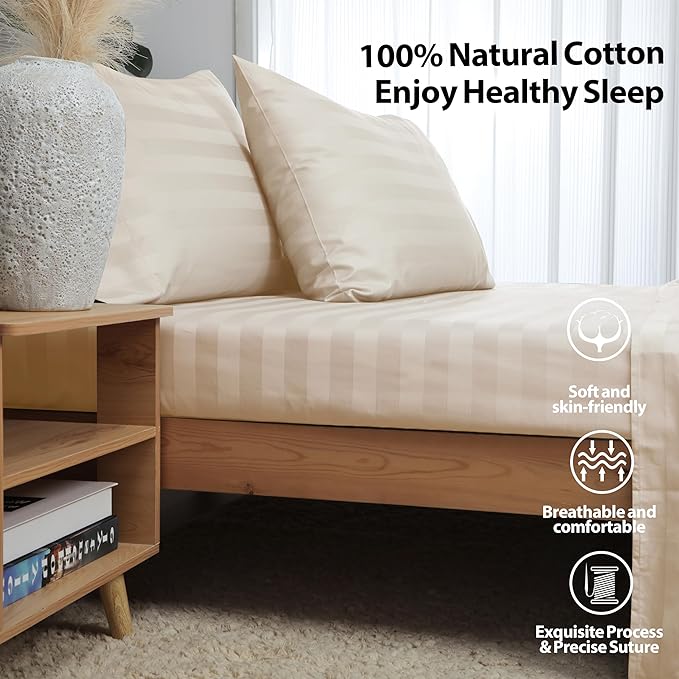 2-Pack Pure Cotton Bottom Sheet Twin Size, 600 Thread Count 16" Deep Pocket Egyptian Cotton Fitted Sheet (2-Pack, Twin, Stripted Beige)