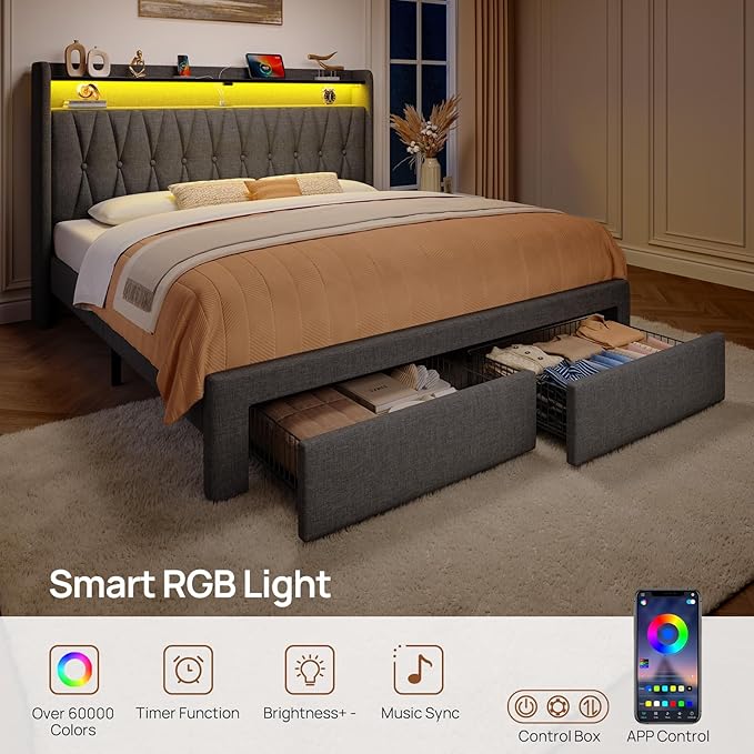 Rolanstar Full Bed Frame with Drawers, Storage Headboard with Charging Station and LED Lights, Upholstered Bed with Heavy Duty Wood Slats, No Box Spring Needed, Noise Free, Easy Assembly, Dark Grey