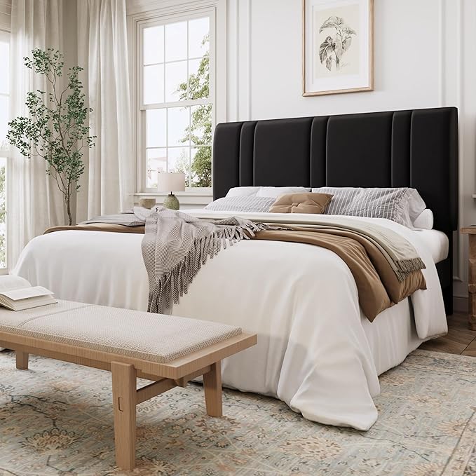 SHA CERLIN Queen Size Platform Bed Frame, Velvet Upholstered Bed with Adjustable Headboard, Vertical Channel Tufted Design, Sturdy Wood Slat Support, No Box Spring Needed, Easy Assembly, Black