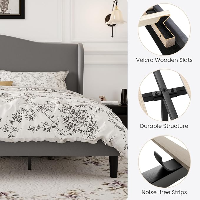 SHA CERLIN King Size Velvet Platform Bed Frame with Elegant Wingback Headboard, Modern & Luxurious Design, Sturdy Wooden Slats, No Box Spring Required, Easy Assembly, Noise-Free, Soft Grey