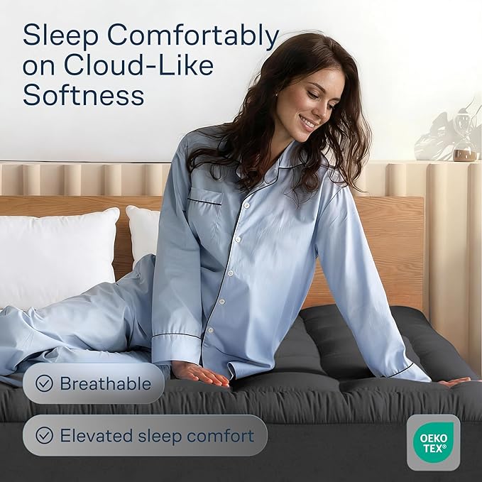 Niagara Sleep Solution Cloud-Like King Mattress Topper - 100% Cotton Top Mattress Pad for Back Pain Relief - Breathable & Naturally Cooling for Hot Sleepers, Dark Gray