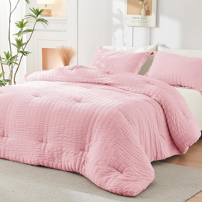 HYMOKEGE Pink/Ivory King Size Comforter Set Seersucker 7 Pieces, All Season Luxury Bed in a Bag for Bedroom, Bedding Set with Comforter, Sheets, Pillowcases & Shams