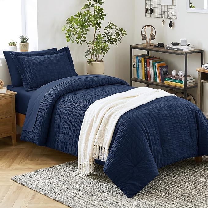 CozyLux Twin XL Comforter Set with Sheets Seersucker Navy Blue 5 Pieces Bed in a Bag, Twin Extra Long Luxury Soft Bedding Sets College Dorm with Down Alternative Comforter, Sheets, Pillowcase & Sham