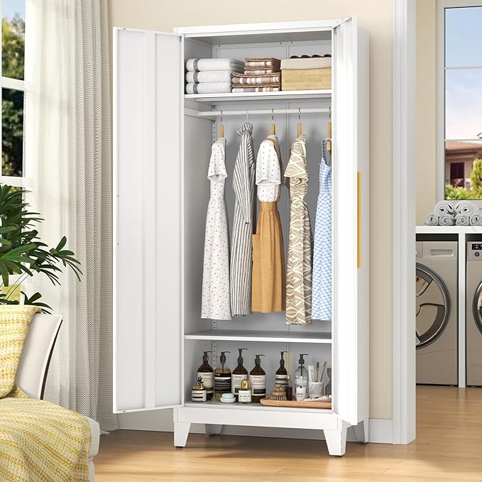 72" Tall Metal Armoire Wardrobe Closet - Large Clothing Storage Cabinet with 1 Hanging Rod,2 Adjustable Shelves & 2 Doors - Closet Organizer for Bedroom,Office, Laundry Room, Garage - White