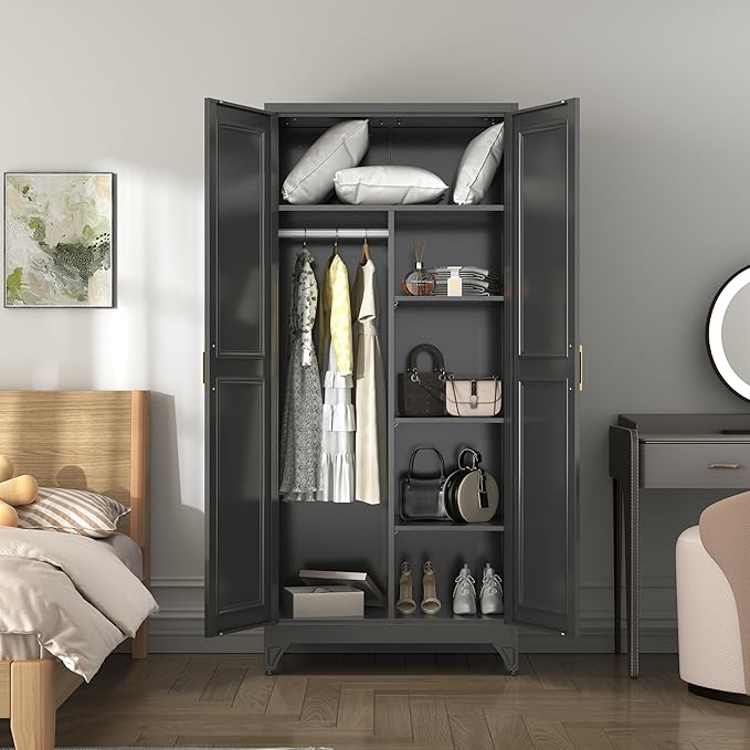 SteeLoong Metal Wardrobe Closet,71" H Wardrobe Cabinet with 2 Doors,Black Clothing Storage Cabinets with Hanging Rod and 3 Adjustable Shelves,Armoire Wardrobe Closet for Home Office,School,Gym
