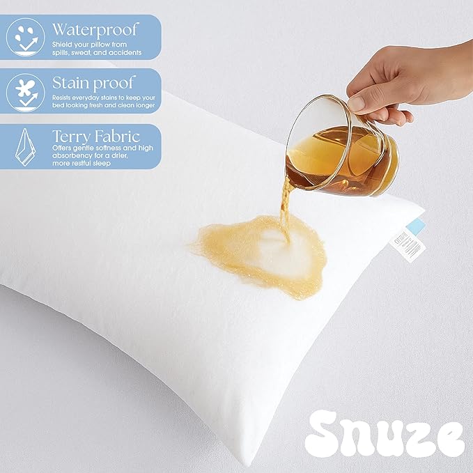Snuze Terry Pillow Protector 2-Pack Standard/Queen Size (20” x 28”) Waterproof, Zippered, Machine Washable, Hypoallergenic Cover Spill Protection