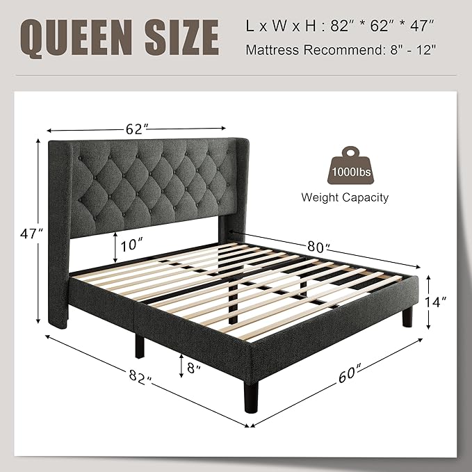 Einhomn Queen Size Platform Bed Frame with Fabric Upholstered Wingback Headboard, 8" Under Bed Space, Wooden & Metal Slats Support, No Box Spring Needed, Dark Gray