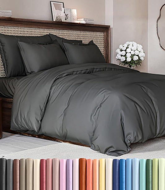 Duvet Cover Cal King Size Set - Extra Soft Cal King Duvet Cover 104" x 98" with 2 Pillow Shams - Hotel Luxury, Easy Care & Fade Free with Zipper Closures & Ties - Comfy, Cozy & Breathable (Charcoal)