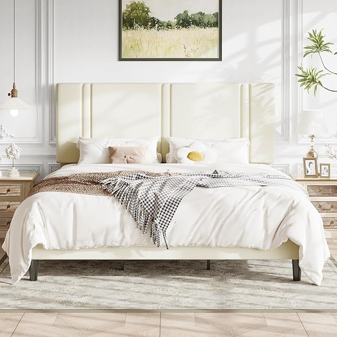 Allewie King Size Platform Bed Frame with Adjustable Headboard, Plush Velvet Upholstered, Vertical Channel Tufted, Sturdy Wooden Slats, No Box Spring Needed, Easy Assembly, Cream
