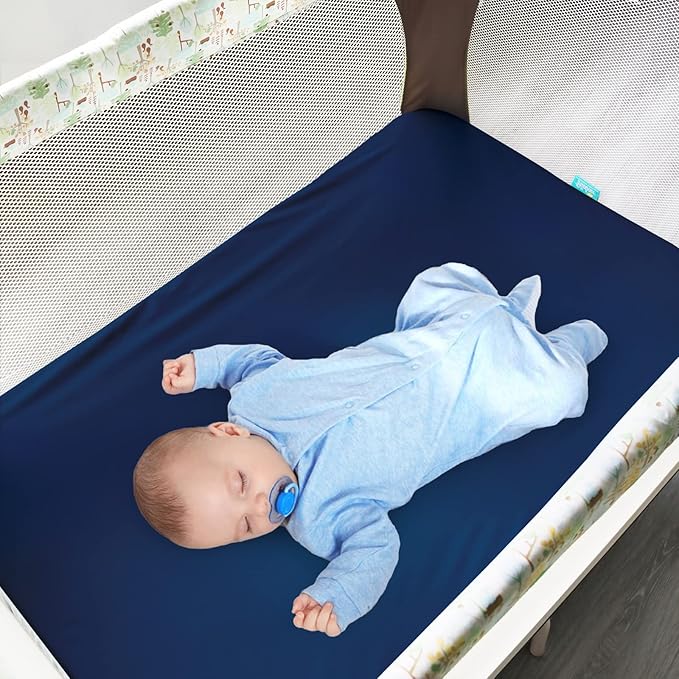 Pack and Play Sheets and Waterproof Pack n Play Mattress Protector Pad Cover 4 Pack Set, Ultra Soft Pack n Play Mattresses Sheets Compatible with Graco Pack n Play, Grey&Navy