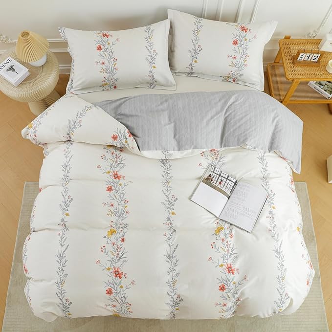 OAITE Duvet Cover Set Twin Size Floral Pattern Ultra Soft 100% Cotton Duvet Cover Sets 3-PC, Breathable Duvet Cover with Zipper Closure & Corner Ties(2 Pillow Shams,1 Duvet Cover)