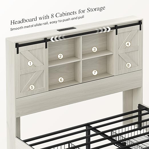 DWVO Farmhouse Queen Size Bed Frame with Storage Bookcase Headboard, Sliding Barn Door, 4 Storage Drawers, RGB LED Bed Frame with USB Charging Station, No Box Spring Needed, Antique White