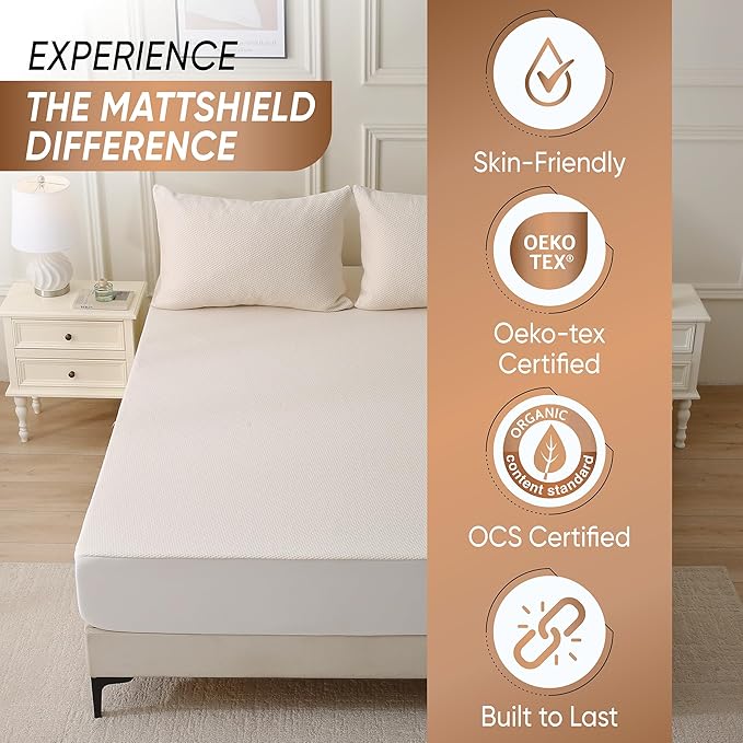 Deluxe Cooling Mattress Protector Queen - Waterproof - Crisp, Breathable Organic Cotton Percale Surface - OCS Certified 280GSM 3D Air-Knit Mattress Pad - Noiseless Deep Pocket