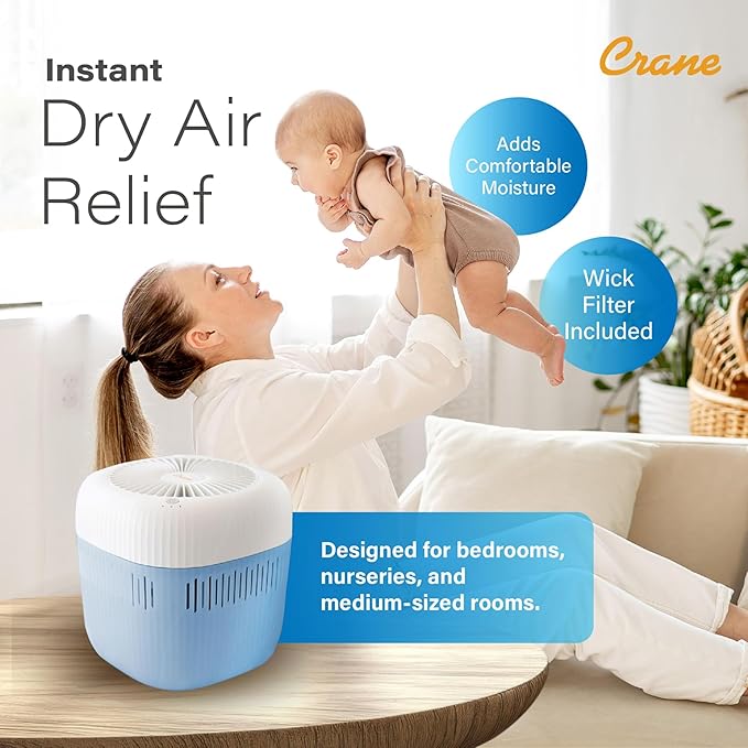 Crane Evaporative Humidifier, Wick Filter, Dishwasher Safe Tank, UV Light, No White Dust, Whisper Quiet, Bedroom Nursery Office, 1.9L Tank, Up To 250 SQ FT