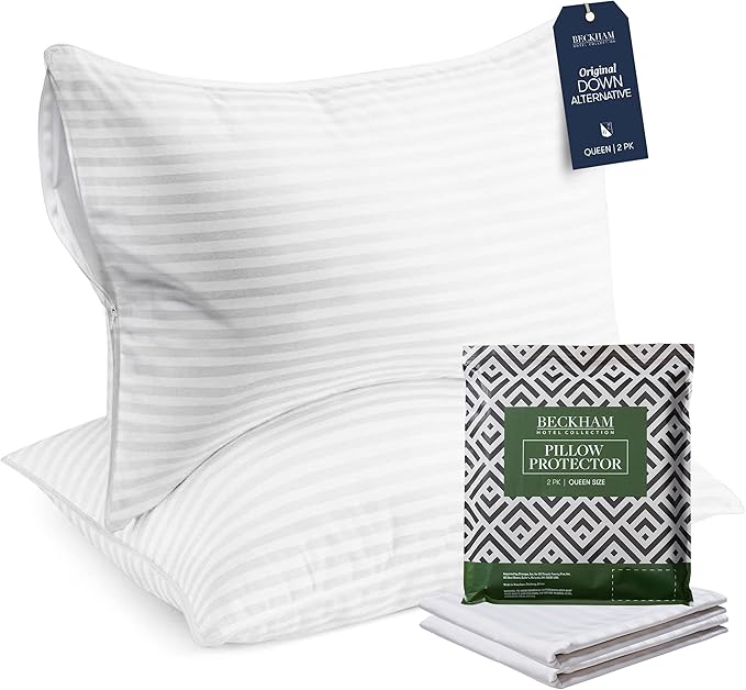 Beckham Hotel Collection Queen Size Pillows and Pillow Protectors - Sets of 2