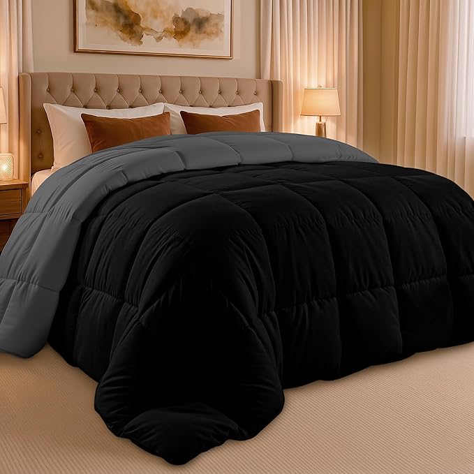 Utopia Bedding Queen Comforter Duvet Insert, Reversible Black/Grey Quilted Comforter with Corner Tabs, Box Stitched Down Alternative Comforters Queen Size 88 x 88 inches