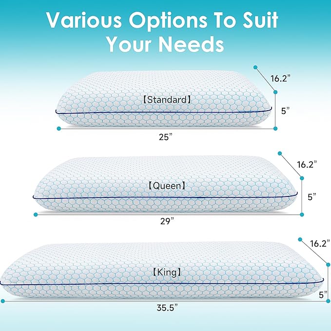 CushyOasis Memory Foam Pillows for Side, Back and Stomach Sleepers, Set of 2, Bed Pillow with Washable Cover and Breathable Mesh, Bed Pillow for Sleeping (Blue，King Size)