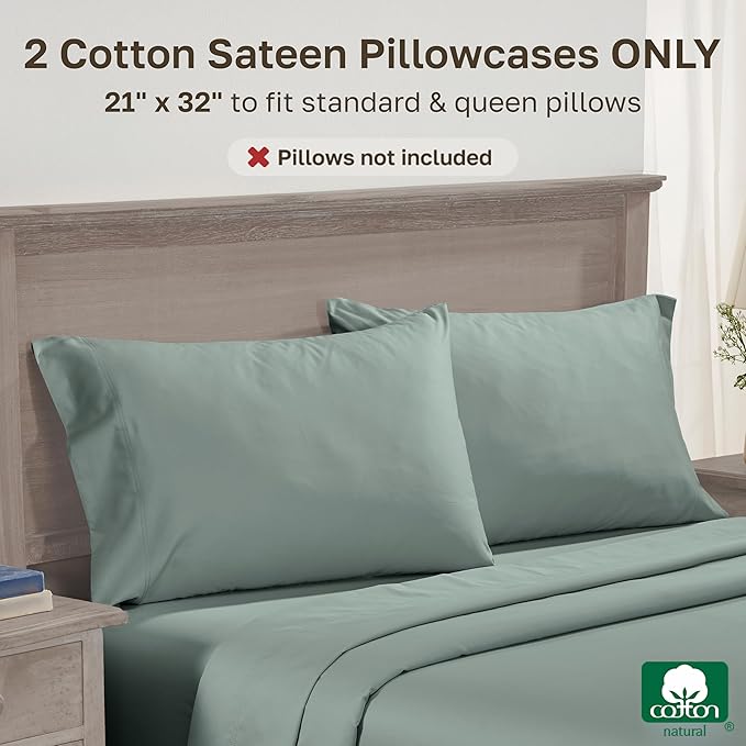 CALIFORNIA DESIGN DEN Luxuriously Soft Hotel Quality 600 Thread Count, 100% Cotton Set of 2 Cases, Crisp & Cool Bed Pillow Covers Standard Size Fits Standard & Queen Pillows (Sage Green)