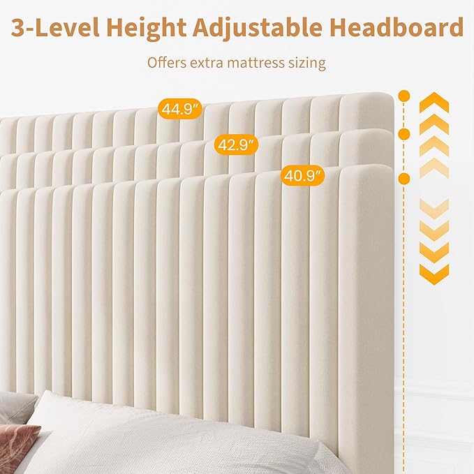 IDEALHOUSE King Bed Frame with Adjustable Headboard, Velvet Upholstered Platform King Size Bed Frame, Vertical Channel Tufted, Strong Wooden Slats, No Box Spring Needed, Easy Assembly, Beige