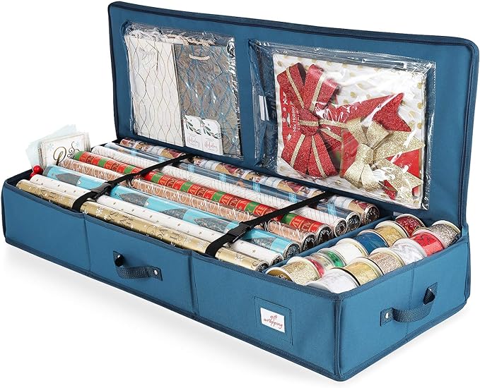 Hearth & Harbor Wrapping Paper Storage Container - Christmas Storage Bag with Interior Pockets - Gift Wrap Organizer Fits Up to 22 Rolls of 40" - Tear Proof, Blue
