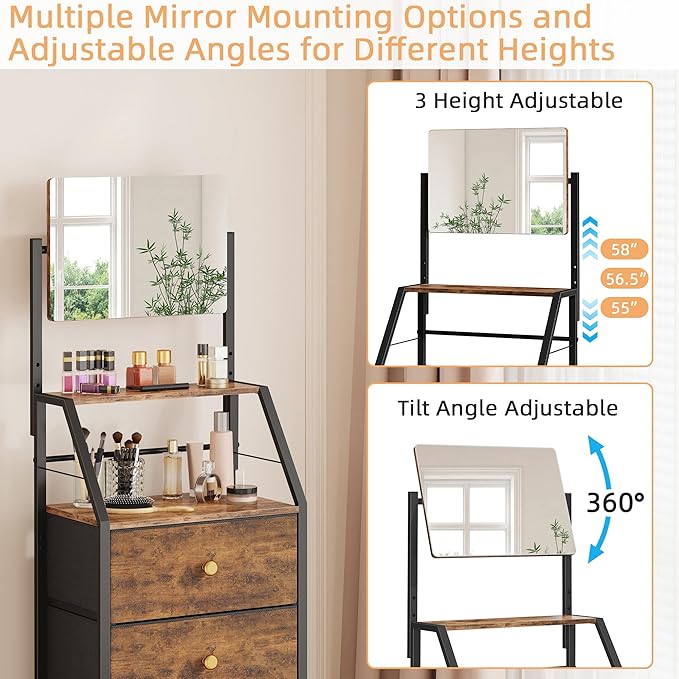 HIGDBFE 4-Drawer Dresser with Mirror, Vanity with 2-Tier Shelves, Fabric Chest of Drawers for Small Space, Vertical Storage Cabinet for Bedroom, Nightstand Bedside Table, Rustic Brown, 15.3" W