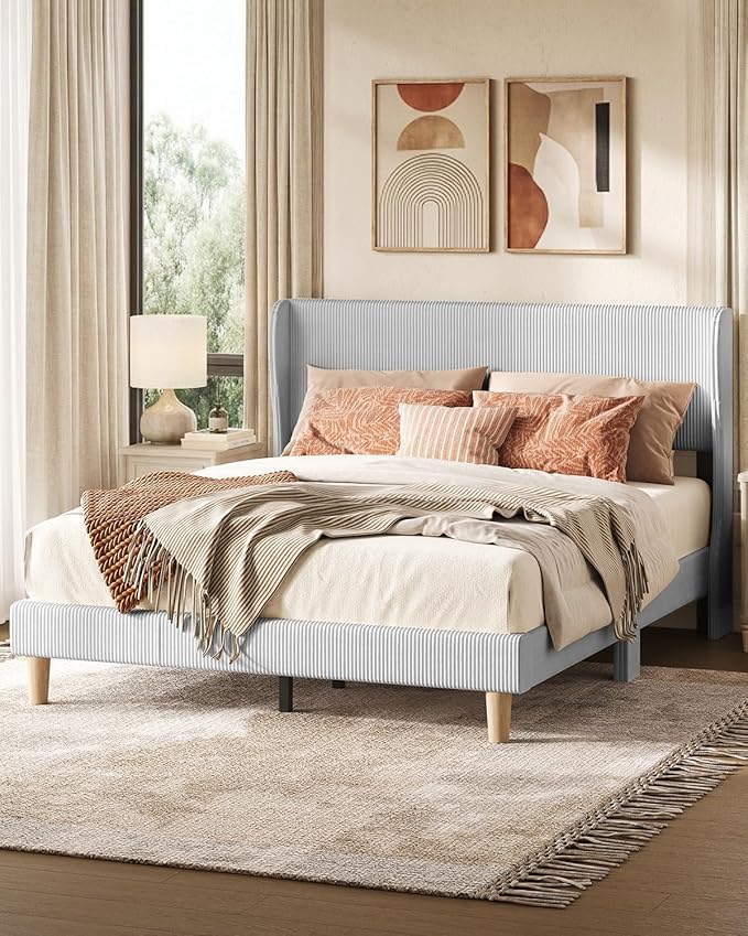 Bestier Queen Bed Frame with Wingback Headboard,Upholstered Platform Queen Size Bed with Strong Wooden Slats,No Box Spring Needed,Never Squeaks,Easy Assembly,Light Grey