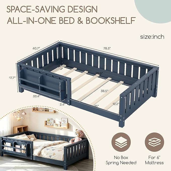 Bellemave Twin Floor Bed Frame with Fence & Bookshelf, Solid Pine Wood Twin Montessori Floor Bed with Slats Load 250LBS, Low Profile Floor Bed for Kids, Bedroom, Nursery, Easy Assembly, Blue