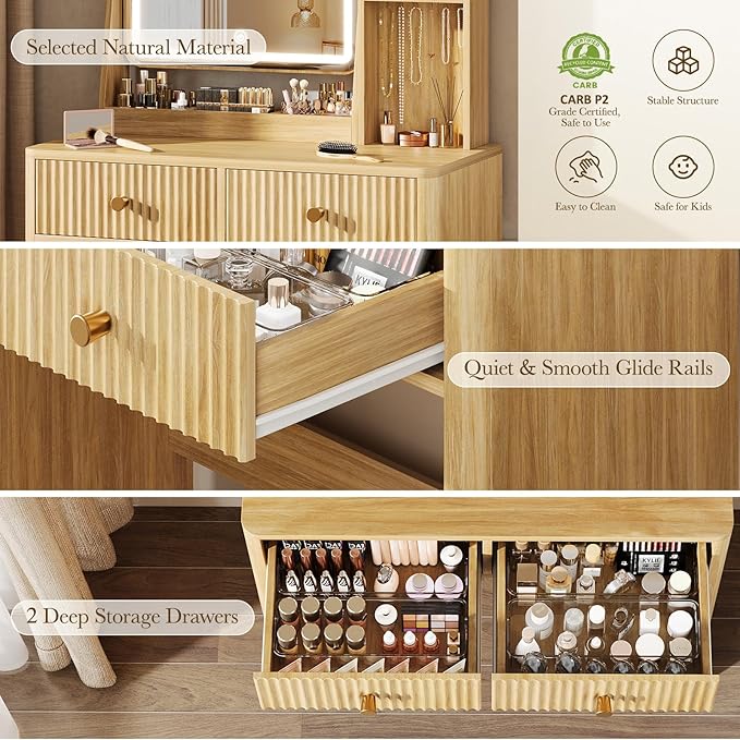 Memobarco Fluted Vanity Desk with Mirror and Lights, Small Makeup Vanity with 2 Drawers and Jewelry Storage Cabinet, 3 Lighting Modes Adjustable Brightness, Dressing Table for Bedroom - Natural Oak