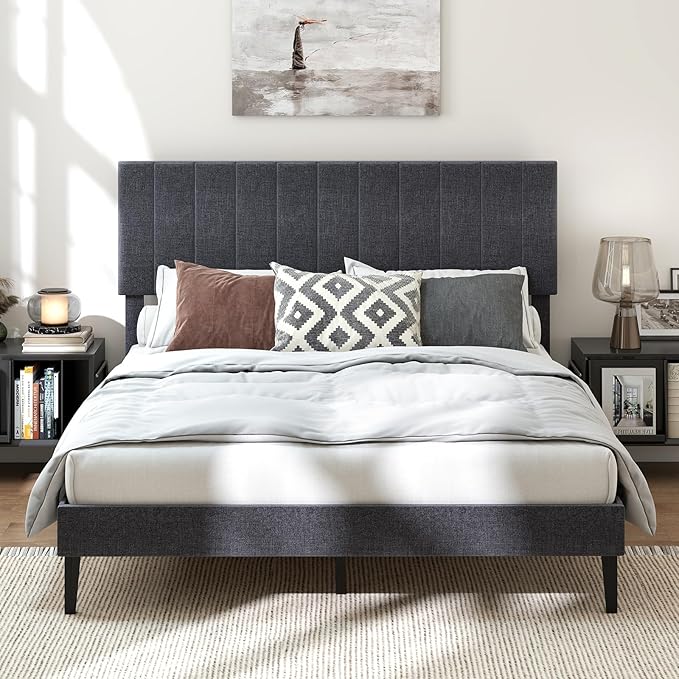 Giantex Queen Size Upholstered Bed Frame, Platform Bed with Height Adjustable Vertical Channel Headboard, Wooden Slats Support Mattress Foundation, No Box Spring Needed, Noise Free, Grey