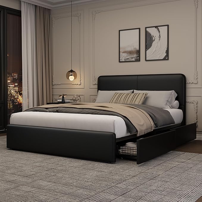 GarveeHome Modern Upholstered Platform Bed Frame with Headboard and Storage Drawers – PU Black Leather, Strong Wood Slat Support, No Box Spring Needed, Easy Assembly, Noise-Free – Full Size, PU Black